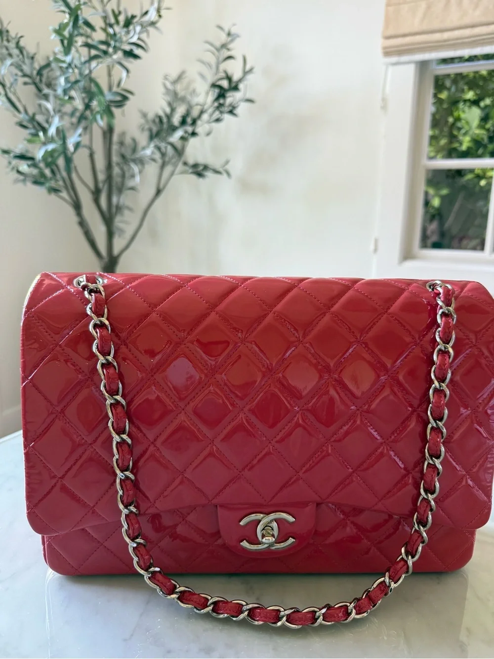 CHANEL Pink Quilted Patent Leather Shoulder Bag with Chain Strap